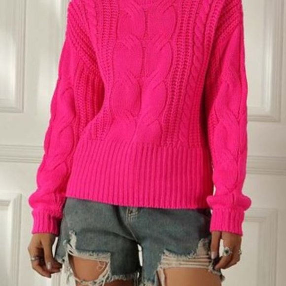 XL BRAND NEW Lisa & Rose Fluorescent Pink Cable-Knit Turtleneck - Picture 3 of 3